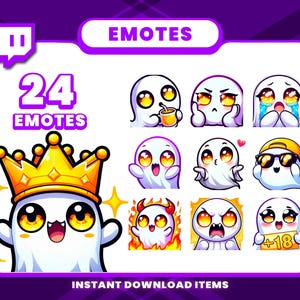 Pode incluir: Um conjunto de 24 emotes do Twitch com um fantasma de desenho animado fofo em várias poses e expressões. Os emotes incluem um fantasma usando uma coroa, um fantasma com chifres de diabo, um fantasma bebendo de uma xícara, um fantasma chorando e um fantasma com óculos de sol. Os emotes são projetados em um estilo brilhante e colorido.