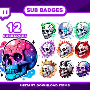 Op de afbeelding: Een verzameling van 12 sub-badges met schedelthema's in verschillende stijlen. De ontwerpen omvatten schedels met vlammen, bliksem, kronen en galaxypatronen. De afbeelding heeft een paars en wit kleurenschema met de tekst "SUB BADGES" en "INSTANT DOWNLOAD ITEMS".