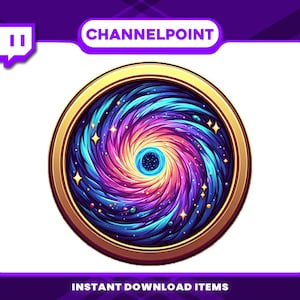Puede incluir: Gráfico circular con un diseño de galaxia arremolinada en tonos de azul, morado y dorado. La imagen tiene un borde dorado y el texto "CHANNELPOINT" se muestra en la parte superior. Las palabras "INSTANT DOWNLOAD ITEMS" están en la parte inferior.