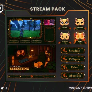 Puede incluir: Un paquete de stream digital con un esquema de color verde oscuro y dorado. El paquete incluye emotes de gato animados, superposiciones de stream y paneles con texto como "Schedule" y "About Me". Las palabras "STREAM PACK" e "INSTANT DOWNLOAD" también son visibles.