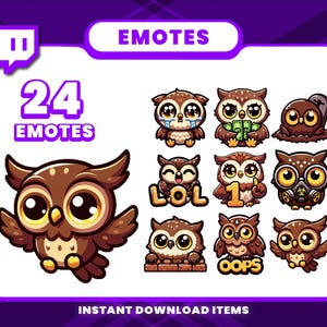 Könnte beinhalten: Ein Set mit 24 braunen Eulen-Twitch-Emojis. Die Emojis zeigen verschiedene Ausdrücke und Accessoires, darunter eine weinende Eule, eine Eule, die Geld hält, eine Eule mit einer Gasmaske und eine Eule mit einer Nummer eins auf der Brust. Die Emojis sind im Cartoon-Stil gestaltet und perfekt, um deinen Twitch-Streams Persönlichkeit zu verleihen.