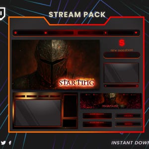 Puede incluir: Un paquete de transmisión digital con un tema oscuro y ardiente. El diseño incluye una imagen de guerrero, alertas de donaciones y suscriptores, y una sección para el nombre del streamer. Las palabras "Stream Pack" y "Starting" son visibles.