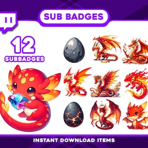 May include: A digital art graphic featuring 12 sub badges with a dragon theme. The badges include dragon eggs and various dragon illustrations in shades of red, orange, and yellow. The text "SUB BADGES" and "INSTANT DOWNLOAD ITEMS" are also present.