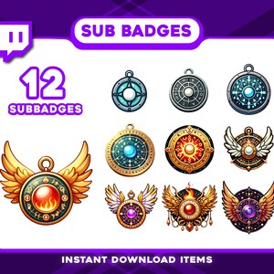 Könnte beinhalten: Eine Sammlung von 12 Sub-Badges mit Fantasy-Thema. Die Badges zeigen kreisförmige Designs mit komplizierten Details, darunter Kompasse, Flügel und leuchtende Edelsteine. Die Farbpalette umfasst Blau-, Gold-, Rot- und Lilatöne. Der Text auf dem Bild lautet "SUB BADGES" und "INSTANT DOWNLOAD ITEMS".