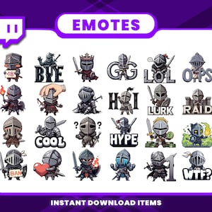May include: A set of 20 Twitch emotes featuring a knight in various poses and expressions. The emotes include text such as "GG", "LOL", "OPS", "H", "LURK", "RAID", "COOL", "HYPE", "BAN", and "WTF".