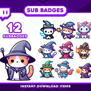May include: A digital download graphic featuring 12 sub badges with a witchy cat theme. Each cat is dressed in a wizard hat and cape, with various accessories like wands and stars. The color palette includes orange, blue, and purple.