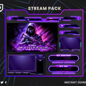 Puede incluir: Un paquete de transmisión digital con un esquema de color púrpura y negro. El paquete incluye varios elementos de superposición, como un banner que dice "Stream Pack", una pantalla principal y alertas para nuevos suscriptores y incursiones. La imagen central presenta una figura encapuchada con un arma y el texto "Starting".