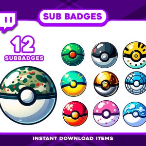 Könnte beinhalten: Ein digitales Grafikdesign mit 12 Sub-Badges in verschiedenen Farben und Designs. Die Abzeichen sind kreisförmig und ähneln stilisierten Poké Bällen. Der Text "SUB BADGES" und "12 SUBBADGES" ist enthalten.