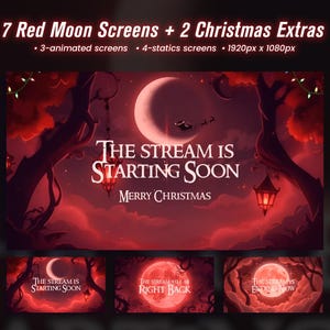May include: Digital art screens featuring a red moon and Christmas theme. The main screen reads "The Stream Is Starting Soon" with "Merry Christmas" below. Includes animated and static screens, with a resolution of 1920x1080px.
