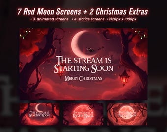 Animated Red Moon Twitch Screens + 2 Christmas Extras | Dark Fantasy Stream Overlays Starting Soon BRB Ending, Twitch Overlay Package
