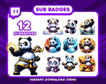 12 Power Panda Sub Badges – Fantasy Twitch Tier Badges, High-Res Subscriber Badges for RPG, Elves, and Magic Stream Themes