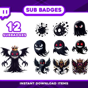 Puede incluir: Gráfico digital con 12 insignias de suscripción de temática espeluznante. Las insignias muestran figuras negras con forma de fantasma con ojos rojos, coronas y alas. El texto "SUB BADGES" y "12 SUBBADGES" se muestra en morado.