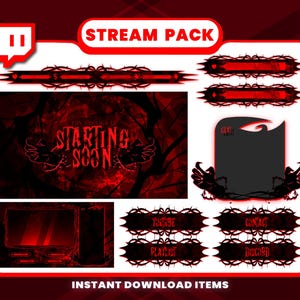 以下が含まれることがあります： 赤と黒のデジタルストリームパック。ゴシック様式で、オーバーレイ、バナー、とげのあるつるのデザインの画面が含まれています。「Starting Soon」のテキストが画面に表示されています。このパックは「Instant Download Items」と表示されています。