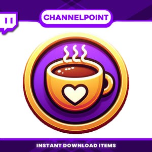 Puede incluir: Una moneda de oro con un centro morado que presenta una ilustración de dibujos animados de una taza de café humeante con un corazón en el lateral. La moneda tiene el texto "CHANNELPOINT" en la parte superior y "INSTANT DOWNLOAD ITEMS" en la parte inferior.