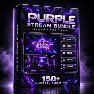 May include: A rectangular box labeled Purple Stream Bundle Complete Stream Package with 150+ Stream Assets. The design features a dark purple and black cosmic theme with glowing light effects. It displays a Starting Soon screen and menu buttons.