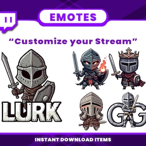 May include: Digital emotes featuring cartoon knights with swords and shields. The emotes include text that says "LURK" and "GG". The image also includes the text "Customize your Stream" and "Instant Download Items".