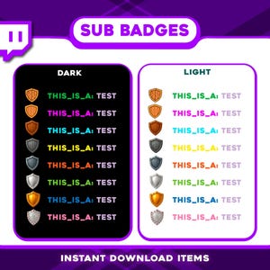 Op de afbeelding: Digitale sub-badges in een paars en wit ontwerp. De afbeelding toont twee kolommen met schildvormige badges met de tekst "THIS_IS_A: TEST". E&eacute;n kolom staat op een zwarte achtergrond, de andere op wit. De tekst "SUB BADGES" en "INSTANT DOWNLOAD ITEMS" zijn ook aanwezig.