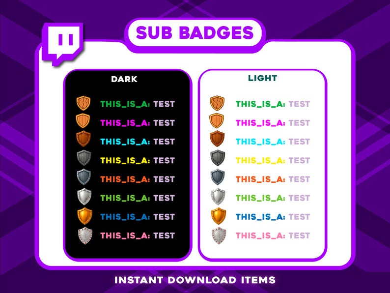 Op de afbeelding: Digitale sub-badges in een paars en wit ontwerp. De afbeelding toont twee kolommen met schildvormige badges met de tekst "THIS_IS_A: TEST". E&eacute;n kolom staat op een zwarte achtergrond, de andere op wit. De tekst "SUB BADGES" en "INSTANT DOWNLOAD ITEMS" zijn ook aanwezig.