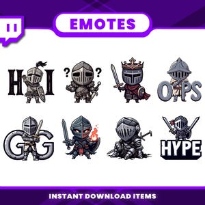 May include: A digital art graphic featuring eight cartoon knight emotes. Each knight is depicted in a different pose, holding swords, shields, or with text like "HI", "?", "OOPS", "GG", and "HYPE". The word "EMOTES" is at the top.