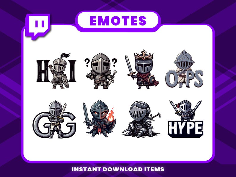 May include: A digital art graphic featuring eight cartoon knight emotes. Each knight is depicted in a different pose, holding swords, shields, or with text like "HI", "?", "OOPS", "GG", and "HYPE". The word "EMOTES" is at the top.