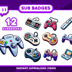 Op de afbeelding: Een verzameling van 12 kleurrijke sub-badges voor gamecontrollers. De controllers hebben verschillende vormen en kleuren, waaronder rood, blauw en groen. De afbeelding bevat ook de tekst "SUB BADGES" en "INSTANT DOWNLOAD ITEMS".