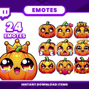 Pack de 24 émoticônes citrouilles d'Halloween, émoticônes Twitch haute résolution, émoticônes Discord, émoticônes PNG pour streamers, émoticônes uniques pour Twitch