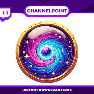 Puede incluir: Gráfico digital con un diseño en espiral en tonos azules, rosas y morados, enmarcado por un borde dorado. El texto "CHANNELPOINT" está en la parte superior y "INSTANT DOWNLOAD ITEMS" en la inferior. El diseño incluye estrellas.