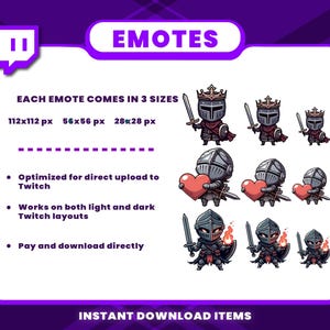May include: A digital graphic featuring knight emotes in three sizes: 112x112 px, 56x56 px, and 28x28 px. The emotes are optimized for Twitch, working on both light and dark layouts. The image includes text that says "EMOTES" and "INSTANT DOWNLOAD ITEMS."