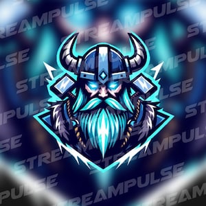 Puede incluir: Una ilustración digital azul y blanca de un guerrero vikingo con barba y un casco con cuernos. El guerrero está rodeado por un diseño de rayo azul y blanco.