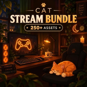 Puede incluir: Un gráfico digital titulado CAT STREAM BUNDLE 250+ ASSETS que muestra una configuración de juego con un monitor que muestra un mando de juego naranja brillante, un teclado, un ratón, una lámpara de escritorio y un gato atigrado naranja durmiendo en una silla.