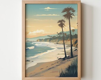 Lámina vintage de playa californiana – Arte mural costero retro (Descarga digital)