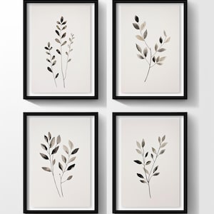 Ensemble de 4 feuilles d&#39;impression minimaliste à l&#39;encre noire - art botanique noir et blanc, style vintage, décoration murale botanique simple, téléchargement numérique