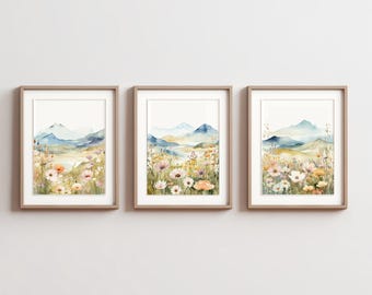 3er Set Aquarell Wiesenlandschaft, Berg Kunst (Digitaler Download)