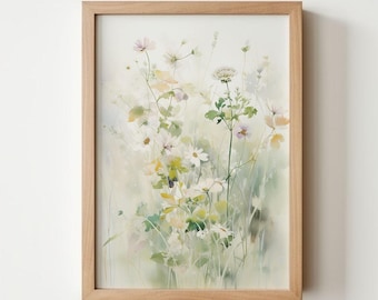 Impressionist Wildflower Art Print – Soft Green & Pink (Digital Download)