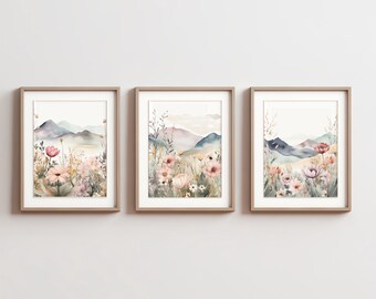 Aquarell Wiesen-Print-Set - Blumenlandschaft, Berge (Digitaler Download)