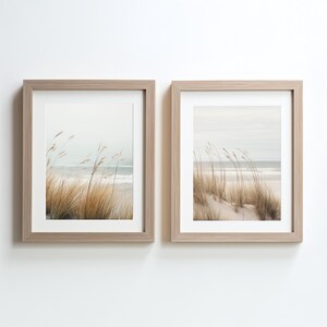 Minimalist Sand Dunes Photo Set of 2 – Coastal Landscape, Gray Sky & Brown Grass, Modern Wall Art, Digital Download