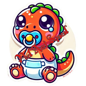 Sticker bébé dinosaure orange mignon - Dino en couches avec tétine et grands yeux