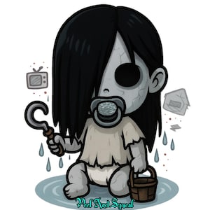 Puede incluir: Ilustración de un bebé de dibujos animados con pelo largo y negro, un chupete y una cara agrietada. El bebé sostiene un gancho y un cubo pequeño, con gotas de agua y un televisor vintage en el fondo. El texto "Peel And Squeal" está en la parte inferior.