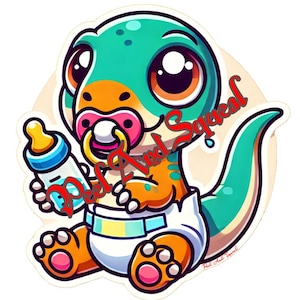 Joli autocollant vert et orange pour bébé vélociraptor - Dino en couches avec tétine et biberon