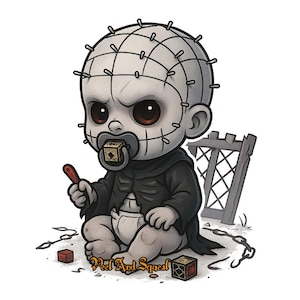 Puede incluir: Ilustración de dibujos animados de un bebé vestido como Pinhead de la serie de películas Hellraiser. El bebé tiene una cara pálida con alfileres, ojos oscuros y un chupete. Lleva una túnica negra y un pañal, sosteniendo un objeto rojo. La imagen incluye un cubo y el texto "Peel And Squeal".