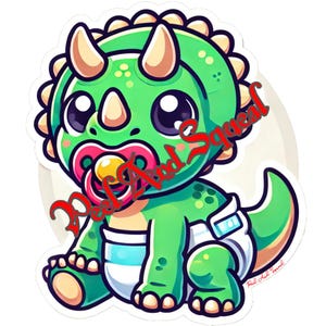 Sticker bébé tricératops vert mignon - Dino en couches avec tétine et grands yeux