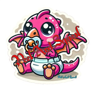 Sticker bébé ptérodactyle rose mignon - Dino en couches avec tétine