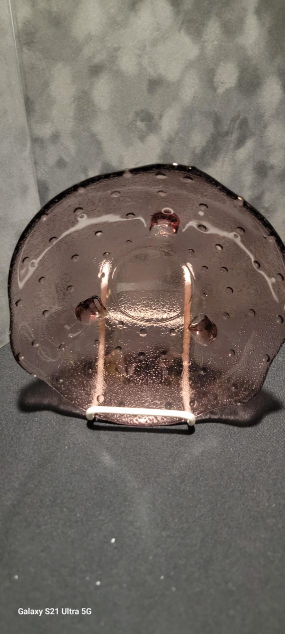 Vintage Amethyst Art Glass Bowl with Bubble Texture | Footed Hand Blown Purple Glass Dish | Mid Century Style