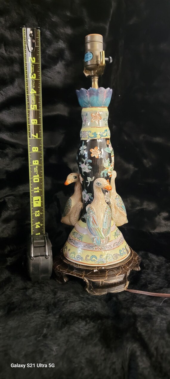 Vintage Hand-Painted Ceramic Lamp Base: Asian Style Floral Bird Design
