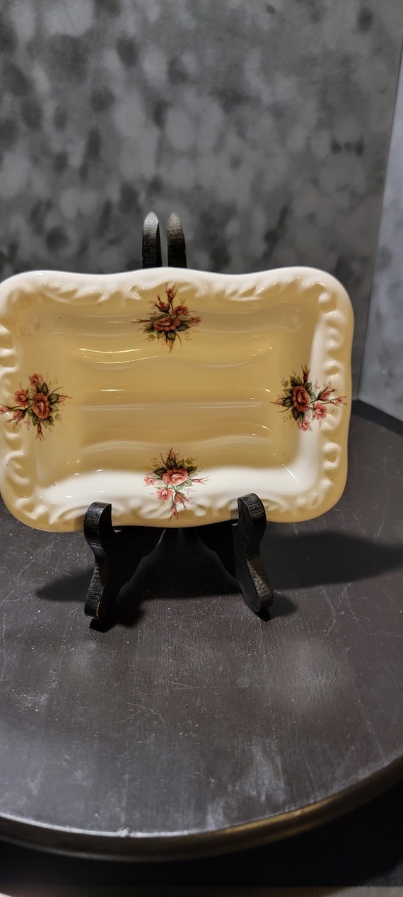 Vintage VB Athena USA Porcelain Rectangular Dish – Floral Design, Embossed Edges, Collectible Vanity or Serving Tray