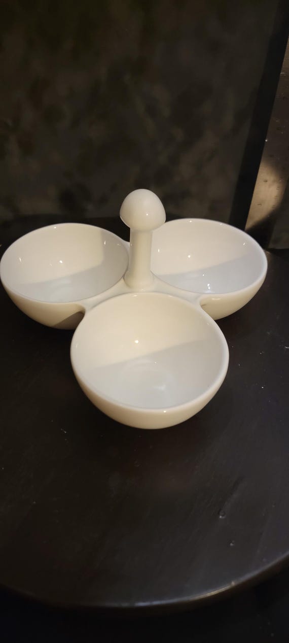 Vintage White Ceramic Divided Serving Dish with Handle | 3-Section Appetizer Tray | Mid-Century Modern Entertaining