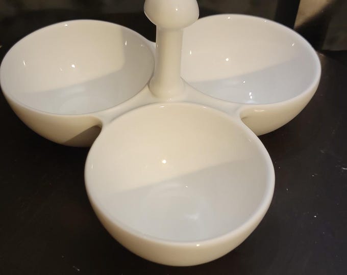 Vintage White Ceramic Divided Serving Dish with Handle | 3-Section Appetizer Tray | Mid-Century Modern Entertaining