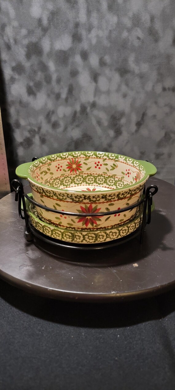 Temptations Poinsettia Stoneware Bowls with Rack: Holiday Baking Set