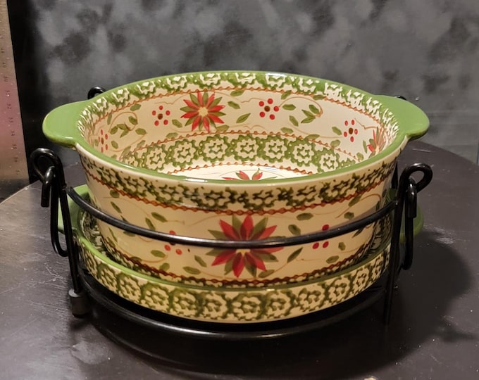 Temptations Poinsettia Stoneware Bowls with Rack: Holiday Baking Set