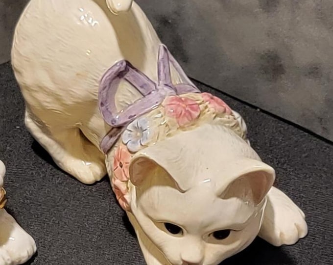 Vintage Lefton Cat, Floral Collar Kitten Figurine, Cottagecore Decor